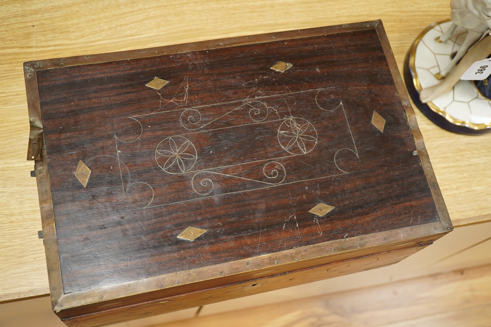A 19th century brass inlay rosewood writing box an mahogany writing box, 42cm wide x 18cm high